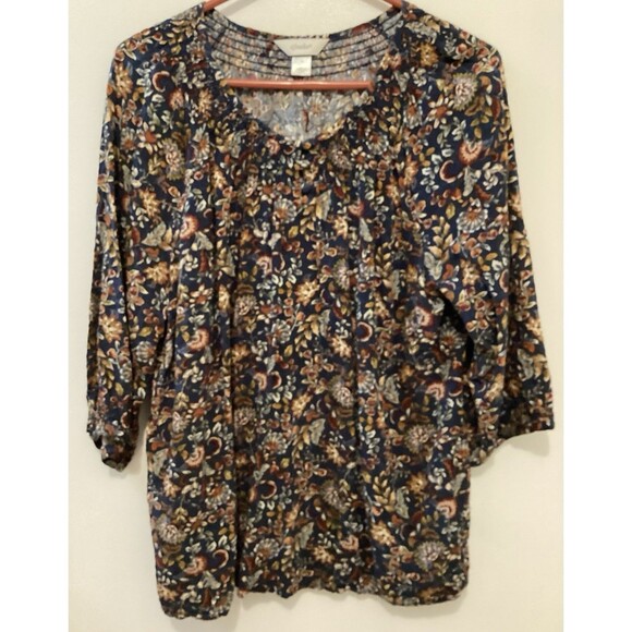 Christopher & Banks Womens Popover Blouse Plus 1XBlue Red Floral Rayon - Picture 1 of 5